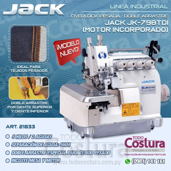 OVERLOCK (5 HILOS - DOBLE ARRASTRE) JACK JK-798TDI-5-516-A04/435 (MOTOR INCORPORADO)